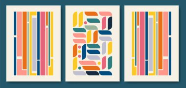 Minimalist düz geometrik sanat seti. Antika retro Bauhaus tasarım koleksiyonu. Poster için renkli tasarım, vektör şablonu. Estetik minimalist geometrik elementler iç sanat.