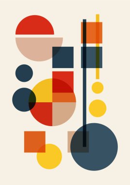 Geometrik şekilli soyut orta yüzyıl renkli posteri. Modern ilkel minimalist düz sanat. Duvar kâğıdı, arka plan, duvar iç mimarisi için tasarım. Vektör tarafsız illüstrasyon.
