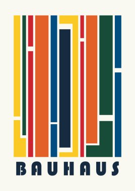 Geometrik şekilli soyut orta yüzyıl renkli posteri. Modern Bauhaus minimalist düz sanat. Duvar kâğıdı, arka plan, duvar iç mimarisi için tasarım. Vektör tarafsız illüstrasyon.