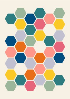 Çokgen şekilli modern vektör soyut geometrik posteri. Retro Memphis tarzı geçmiş. Duvar kâğıdı, arka plan, duvar iç mimarisi için tasarım. Vektör renkli illüstrasyon