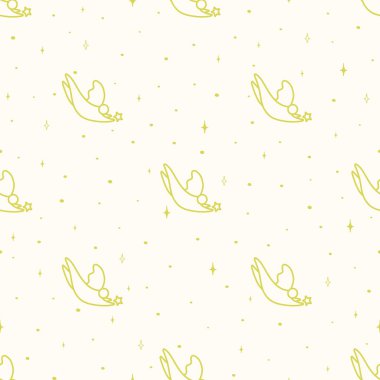 Melek karakterli kusursuz bir model. Noel yıldızı, şirin çizgi film yeni yıl tatili 2D illüstrasyon. Dijital kağıt ve kumaş için sonsuz dokuyu yönlendir.