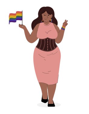 Afro kadın lgbtq gökkuşağı bayrağı taşıyor. Şiddete karşı gurur ayı kutlamaları, ayrımcılık, insan hakları ihlali. Web grafik tasarımı ve animasyonu için basit çizgi film stili çizimi