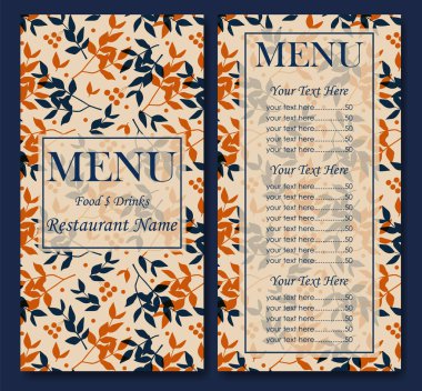 Çiçekli şık restoran şablonu. Kafe kimliği. Fiyat tasarımı şablonlu restoran menüsü, kapaklı kafe menü kartı şablonu. Önceden hazırlanmış basılabilir plan. Vektör yemek menüsü broşürü