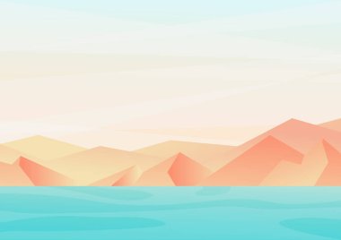 Kıyı manzarası çizimi. Deniz kenarındaki dağlarda deniz kenarında Boho tarzında illüstrasyon. Minimum plaj posteri, Sahara kum tepeleri.