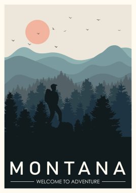 Montana seyahat illüstrasyonu. Montana retro posteri. Amerika Birleşik Devletleri tebrik kartı, vektör illüstrasyon. Keşif kavramı, gezgin yürüyüşü, macera turizmi ve seyahat
