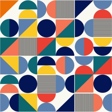 Kusursuz renkli retro Bauhaus soyut şekiller deseni. Vektör soyut geometrik arkaplan. Tekrarlanan renkli duvar kâğıdı. Dijital kağıt ve kumaş için sonsuz dokuyu yönlendir