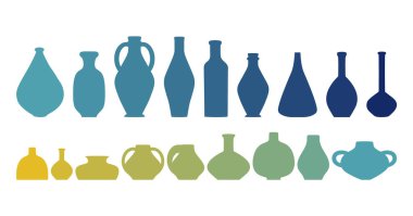 Renkli seramik vazo koleksiyonu. Estetik minimalist çizim. Çağdaş sanat öğeleri. Çömlek atölyesi. Yüzyıl ortası sanat baskısı, dekorasyon, markalaşma