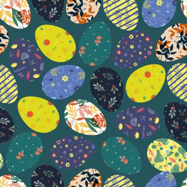 Renkli paskalya yumurtaları pürüzsüz. Bej arka planda Paskalya tatili. Dijital kağıt ve kumaş için çocuksu vektörlerin sonsuz dokusu. Vektör çizimi. EPS 10