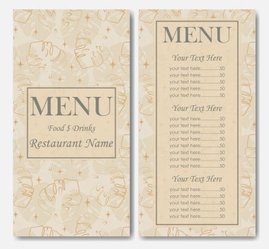 Çiçekli şık restoran şablonu. Kafe kimliği. Fiyat tasarımı şablonlu restoran menüsü, kapaklı kafe menü kartı şablonu. Önceden hazırlanmış basılabilir plan. Vektör yemek menüsü broşürü