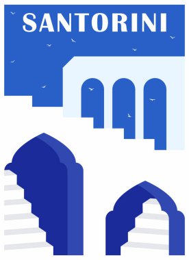 Santorini poster tasarımı, Yunanistan. Duvar posteri, afiş, kartpostal, kapak. Seyahat ve turizm. Modern tasarım. Yunan mimarisi. Klasik biçim vektör basit sanat