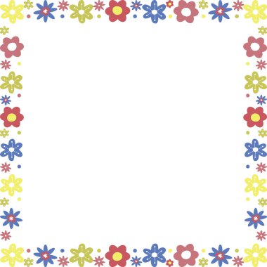 Renkli çiçek elementleriyle kare çerçeve. Moda grafik şablonu. Güzel boş çerçeve kutusu. El çizimi vektör çizimi beyaz arkaplanda izole edildi