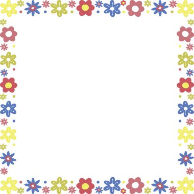 Square frame with colorful flower elements. Trendy graphic template. Cute empty frame box. Hand drawn vector illustration isolated on white background clipart