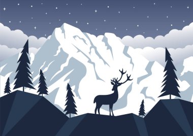 Antika Amerikan dağları. Açık hava macerası için ulusal park 2d Illustration. Kış Alpleri orman illüstrasyonu. Arka planda ağaçlar arasında ren geyiği