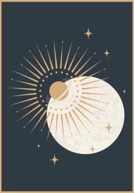 Sihirli uzay vektörü çizimleri ezoterik sembol kartı. Moda baskı şablonu ya da duvar resmi süslemesi için gizemli ve cadılık silueti tasarım elementleri