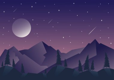 Minimalist estetik orman dağları manzarası. Estetik çam ağacı ormanı ay ışığı altında. Japon gece yarısı manzarası. Poster için arka plan, örtü. Orta yüzyıl modern minimalist sanat baskısı.