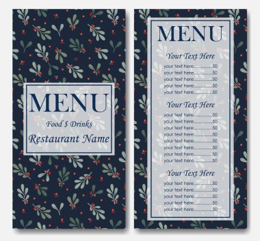 Çiçekli şık restoran şablonu. Kafe kimliği, Noel şenliği. Fiyat tasarımı şablonlu restoran menüsü, kapaklı kafe menü kartı şablonu. Önceden hazırlanmış basılabilir plan. Vektör yemek menüsü broşürü