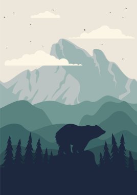 Spring Mountain Range poster baskısı görüntüsü. Estetik minimalist ilkbahar orman manzarası. Uçurum çizimindeki boz ayı. Duvar sanatı afişi duvar kağıdı arka plan kırsal barışçıl vahşi yaşam