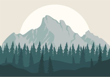 Gün doğumu posteriyle sabah dağlarını seyret. Estetik minimalist sis düz çam ağacı ormanı. Yellowstone manzara resmi. Vektör sanat baskısı koleksiyonu. Boho duvar dekoru.