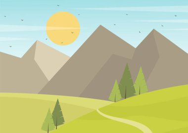 Yeşil doğa orman manzarası arka planı. Yay tarlalı Skyline düz çizgi film çizimi. Bahar rüzgarlı mevsim kırsal manzarası