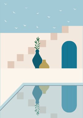 Yunan kenti düz renk vektör illüstrasyonuna bakıyor. Yunanistan 'da yaz tatili. Akdeniz Avrupa kültürü ve mimarisi. Klasik biçim vektör basit sanat