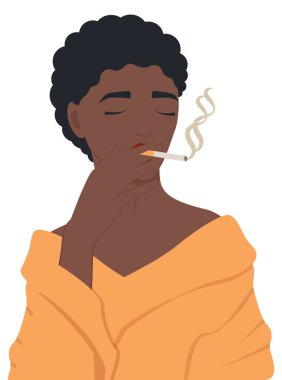 Sigara içen kadın çizgi film çizimi. Sigara dumanı afişi. Sağlık kontrolü vektör illüstrasyonu. Dünya Tütün Günü Bilinci Yok Ayı. Onkoloji problemi kontrolü