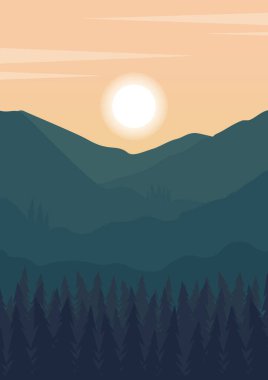 Gün doğumu posteriyle sabah dağlarını seyret. Estetik minimalist İsviçre çam ağacı ormanı. Baharda manzara posteri çizimi. Vektör resim yazdırma koleksiyonu.