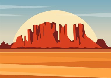 Death Valley Ulusal Parkı illüstrasyonu. Rocky Desert manzarası, American Valley 2D sanat. Renkli çizgi film Vahşi Batı manzarası. Estetik minimalist panorama posteri