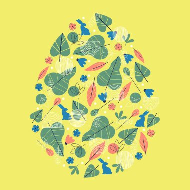 Paskalya yumurtası renginde basit bir illüstrasyon. Yumurta şeklinde geçmişe dönük çiçek deseni. Yumurta avı düz tasarım. Paskalya süsleri, afişler, duvar kağıtları, kartlar için harika.