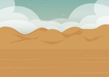 Turuncu çöl manzara kum tepecikleri çizimi. Mısır 'a düz çizgi film ile git. Bulutlu manzara panoramik kum tepeleri. Boho duvar dekoru. Orta yüzyıl modern minimalist sanat baskısı