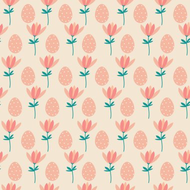 İlkbahar renkli laleli vektör çizimi. Paskalya için tatil baskısı. Pastel arka planda pembe çiçekler. Çiçek ilkbahar vektör çizimi. Dijital kağıt ve kumaş için sonsuz dokuyu yönlendir.