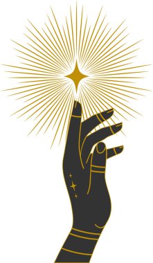 Yıldız resimli eller. Vektör kadın dekorasyon ikonu. Mistik çizim: Kadın eli yıldızı tutar. Simya, sihir, ezoterik, okültizm