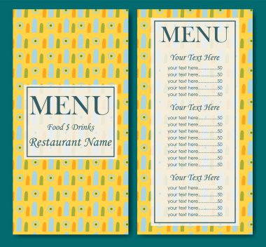 Basit renkli restoran şablonu. Kafe kimliği. Geometrik elementli klasik yaratıcı gıda kartı. Fiyat tasarım şablonlu restoran menüsü