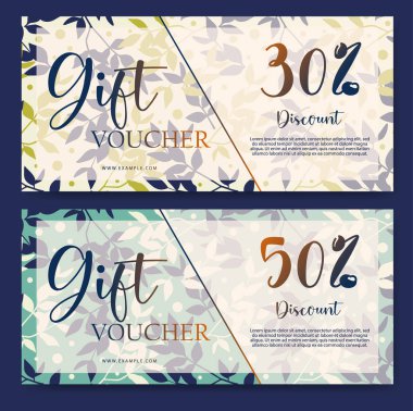 Hediye sertifikası parlak 2D tasarım. Çiçekli bir hediye çeki seti. Hediye kartı, kupon ve sertifika için vektör şablonu, gösterişli arkaplan daveti.