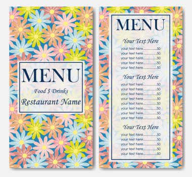 Dekoratif çiçek çerçeveli menü şablonu. Paskalya menüsü şablonu. Çiçekli şık restoran şablonu. Kafe kimliği. Fiyat tasarım şablonlu restoran menüsü