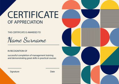 Mezuniyet ve takdir tasarımı sertifikaları. Yüzyılın ortalarında, bej arka planda retro renklerle birlikte geometrik renkli resim şablonu