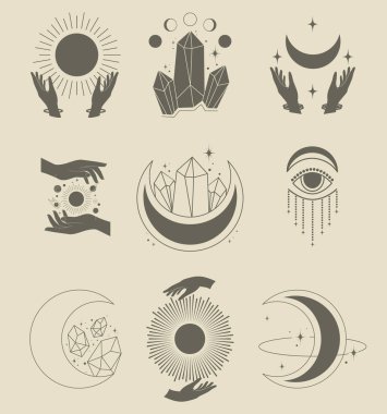 Bohem doğrusal logo simgesi seti. Çizgi sanatı iyileştirici kristal ve gizemli elementlerin ay konsepti. Tarot büyücülüğü minimalist vektör çizimi
