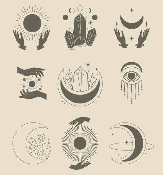 Bohem doğrusal logo simgesi seti. Çizgi sanatı iyileştirici kristal ve gizemli elementlerin ay konsepti. Tarot büyücülüğü minimalist vektör çizimi