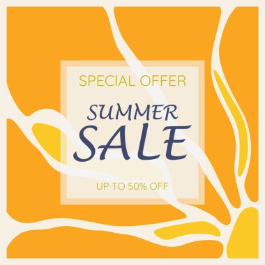 Sosyal medya şablonu yaz satışı. Yazın retro çiçekli. Zarif harflerle indirimli sezon tasarımı. Terfi, tebrik kartı, broşür