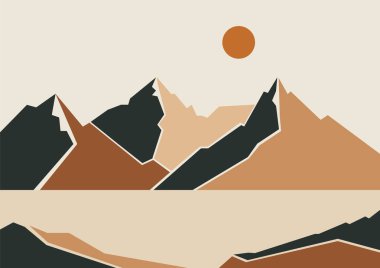 Deniz kenarı ve dağlar manzara illüstrasyonu posteri. Minimalist pastel renkli vektör terracotta sanatı. Modern moda tasarımı