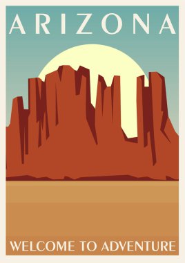 Arizona seyahat posteri. Manzaralı çöl manzarasının vektör çizimi. Çöldeki kırmızı kanyonların güzel manzarası. Vahşi Batı. Sıcak iklim. Kum Taşları