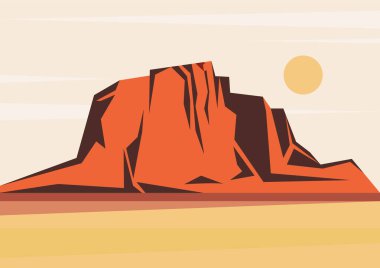 Rocky Desert manzarası, Amerikan vadisi konsepti. Death Valley Ulusal Parkı illüstrasyonu. Renkli çizgi film Vahşi Batı manzarası. Estetik minimalist panorama posteri