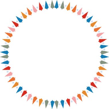 Renkli karlı çam ağacı çerçevesi. Noel ağacı elementleriyle kutlama şablonu. Metnin için boş alanı olan parlak kenarlık. Bebek partisi tasarımı