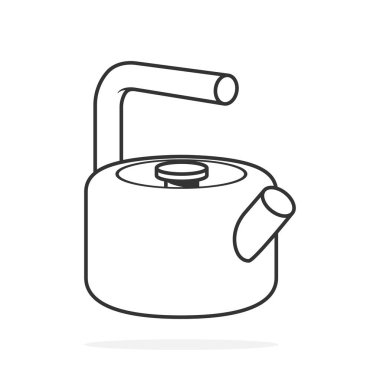 Basit Beyaz Kettle çıkartması tasarım vektör çizimi. Mutfak içi nesne ikonu konsepti. Gölgeli kapalı kapak çıkartmalı Mutfak Çaydanlığı. Restoran Kettle simgesi logosu.