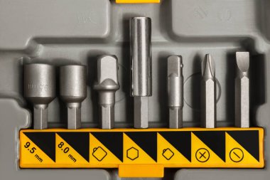 Tornavida biti araç kutusuna ayarlandı, üst görünüm, yakın çekim, makro