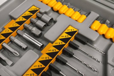 Tornavida biti araç kutusunda ayarlandı, üst açı görünümü, yakın çekim