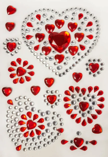 Romantic Stickers Valentine Day Red Crystalline Hearts Red Silver Rhinestones — Stock Photo, Image
