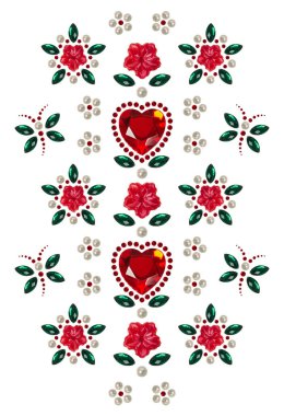Sevgililer Günü için romantik uygulama çıkartmaları: beyaz arka planda kırmızı kristal kalpler, çiçekler, inciler ve yapay elmaslar. Tebrik kartı. Aşk ve romantik konsept.