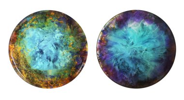 Epoxy resin galaxy pendant, resin art in alcohol ink technique, front and back view, isolated. Fashion jewelry, handicraft. clipart