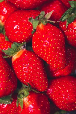 Siyah zemin üzerinde su damlaları olan bir sürü taze çilek.