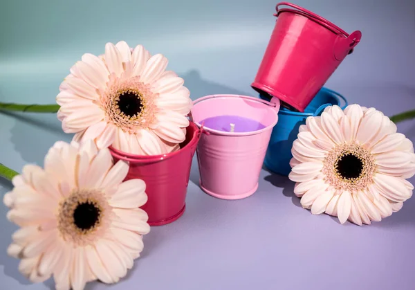 Composition Florale Colorée Avec Fleurs Gerbera Bougies Dans Des Seaux — Photo